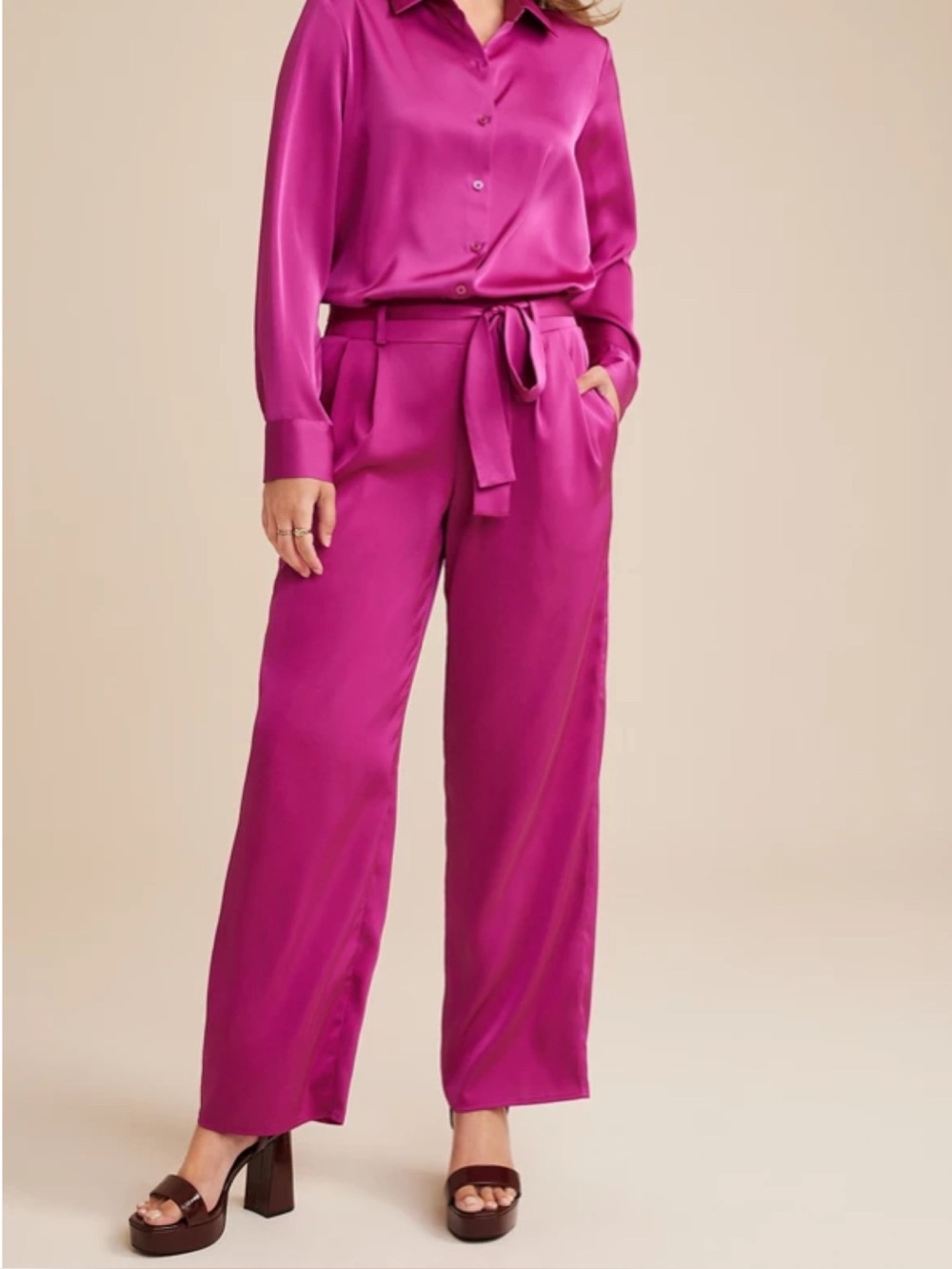 Maurices Satin Wide Leg Pants XS Fuchsia Pink High Rise Formal Evening Trousers